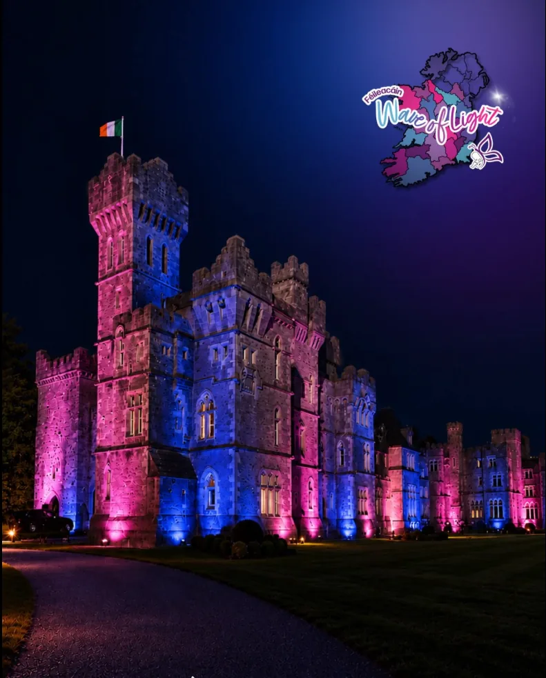 Ashford Castle at night, its stone towers lit in pink and blue under a dark sky