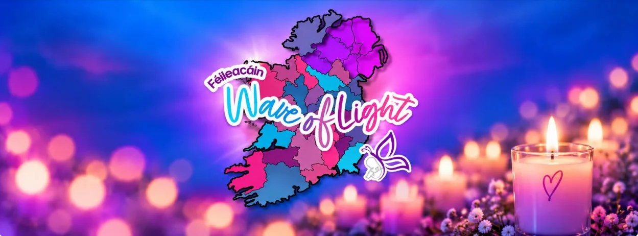 Féileacáin Wave of Light banner: a map of Ireland in pink, blue and purple above glowing candles at dusk, with a small butterfly